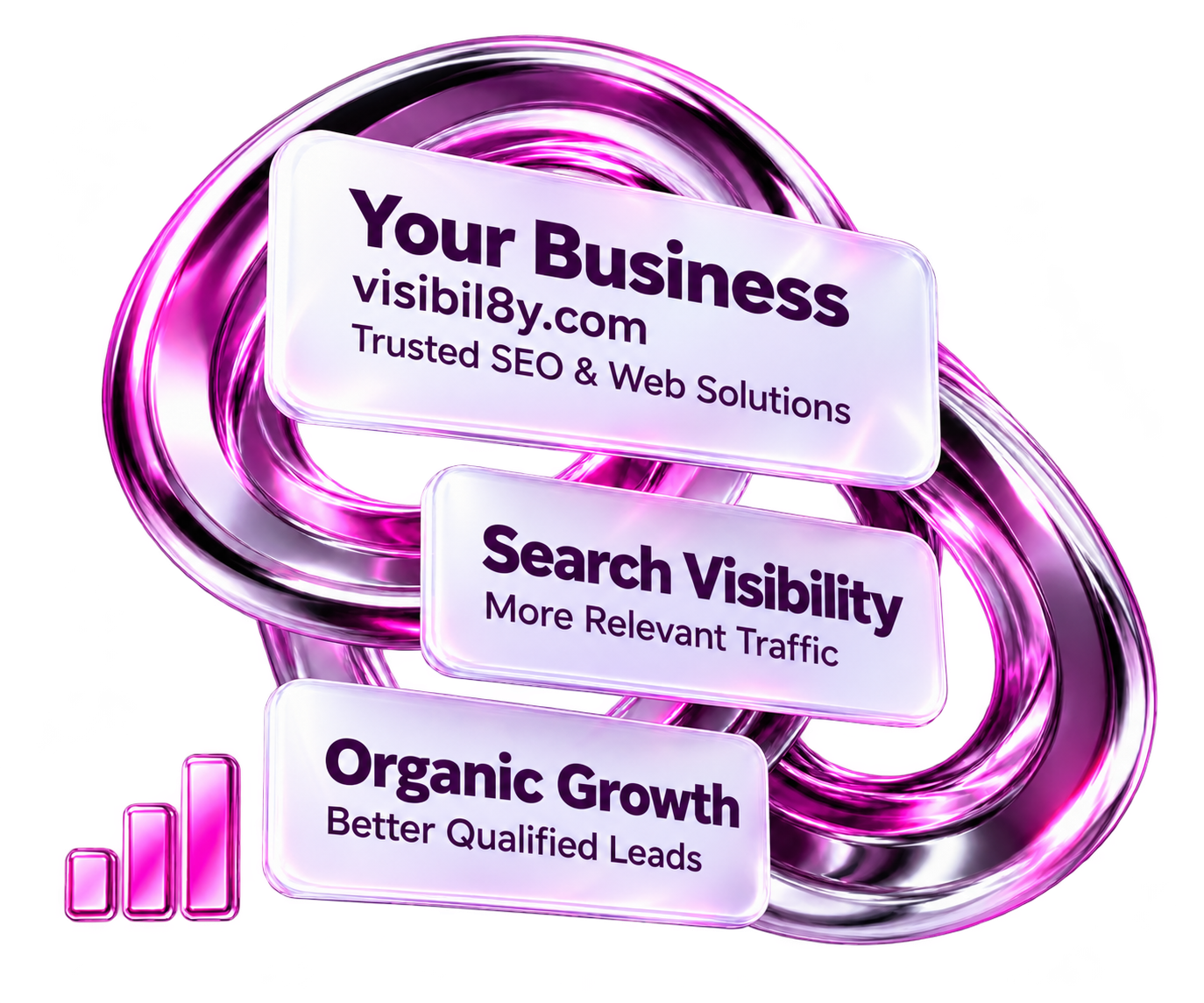 Sculptural magenta search rings with floating search-result cards and rising bars